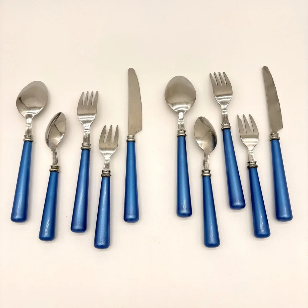 Vintage Cobalt Blue Handle Flatware 2 Place Settings 10 Pc Silverware Set